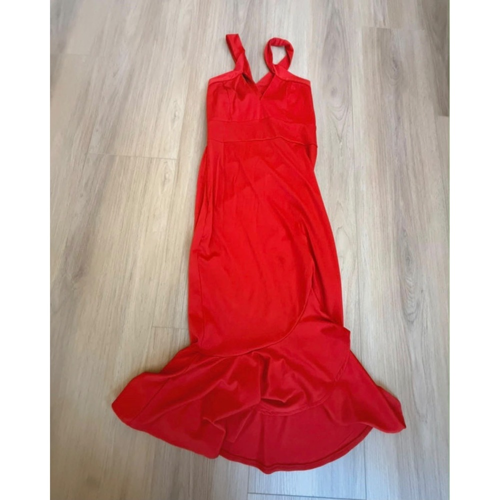 Chicme Red Mermaid Maxi Dress Cross Strap V-Neck Ruffle Hem Size M